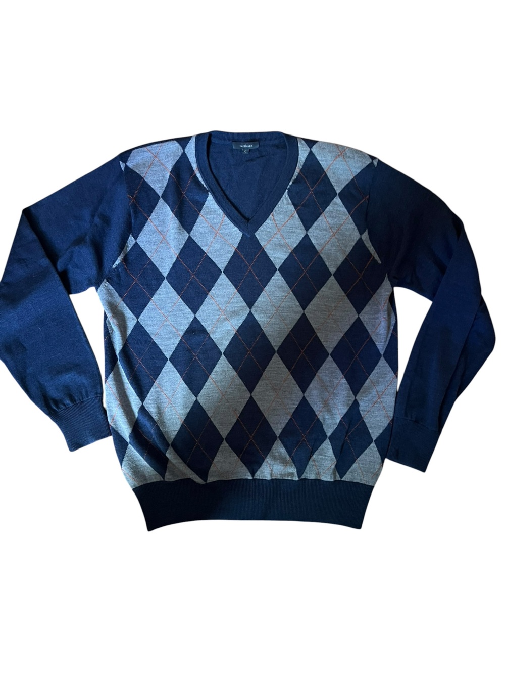 Turtleson Extra Fine Merino Wool Argyle V-Neck Sweater Navy Blue Gray Large